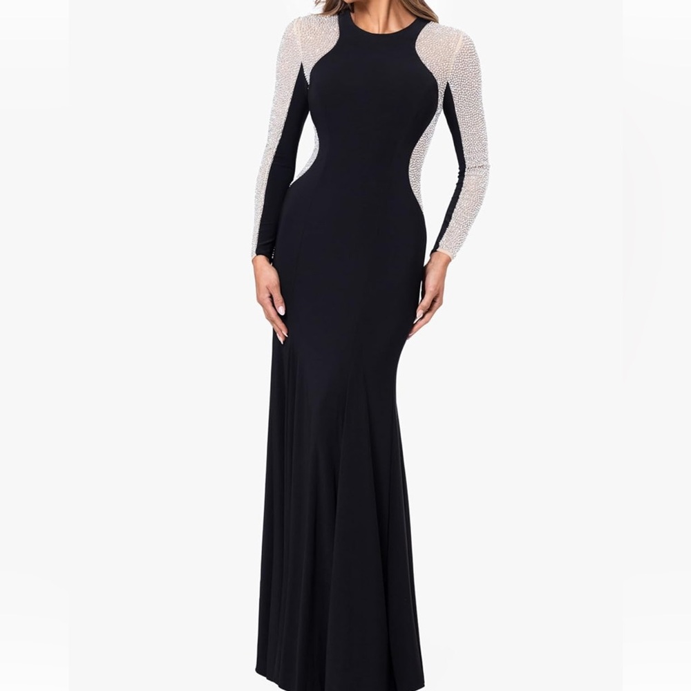 Xscape Long Sleeve Black Dress with Silver Detail